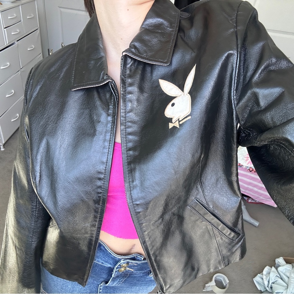 Authentic Playboy Vintage Leather Jacket with Pink Collar